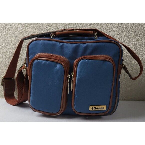 Vtg Albinar Leather/Canvas Camera Bag 4 Zip Pockets Shoulder Strap Blue/Brown - Picture 1 of 12